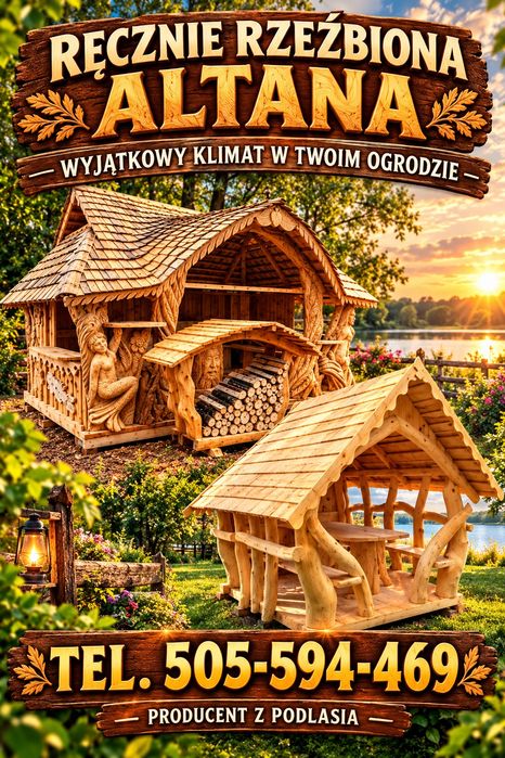 Altana altanka z bali ręcznie rzeźbiona rękodzieło kpl.z ławami stołem zadaszona tel.5.0.5.5.9.4.4.6.9.