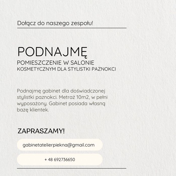 Podnajmę stanowisko dla stylistki paznokci i na dowolne usługi kosmetyczne