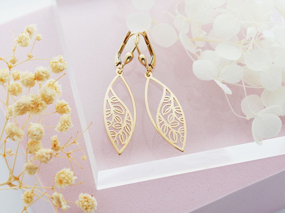 Złote kolczyki wiszące ażurowe listki PR 585