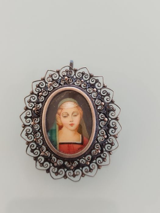 Lindo broche de prata antigo pintado à mão