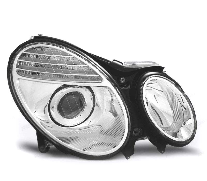 FARÓIS MERCEDES CLASSE E W211 02-06 LUPA FUNDO CROMADO