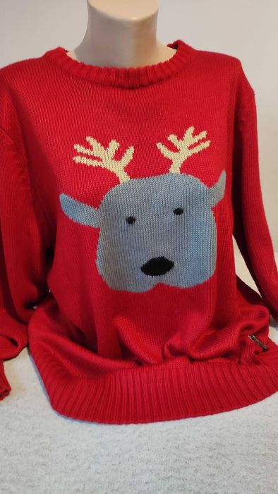 Sweter świąteczny z motywem renifera czerwony z długim rękawem