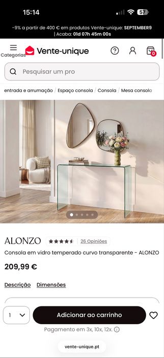 1Consola em vidro temperado curvo transparente