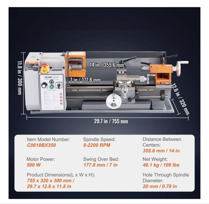 Nowa tokarka Vevor 500W metalowa skrzynia biegow.