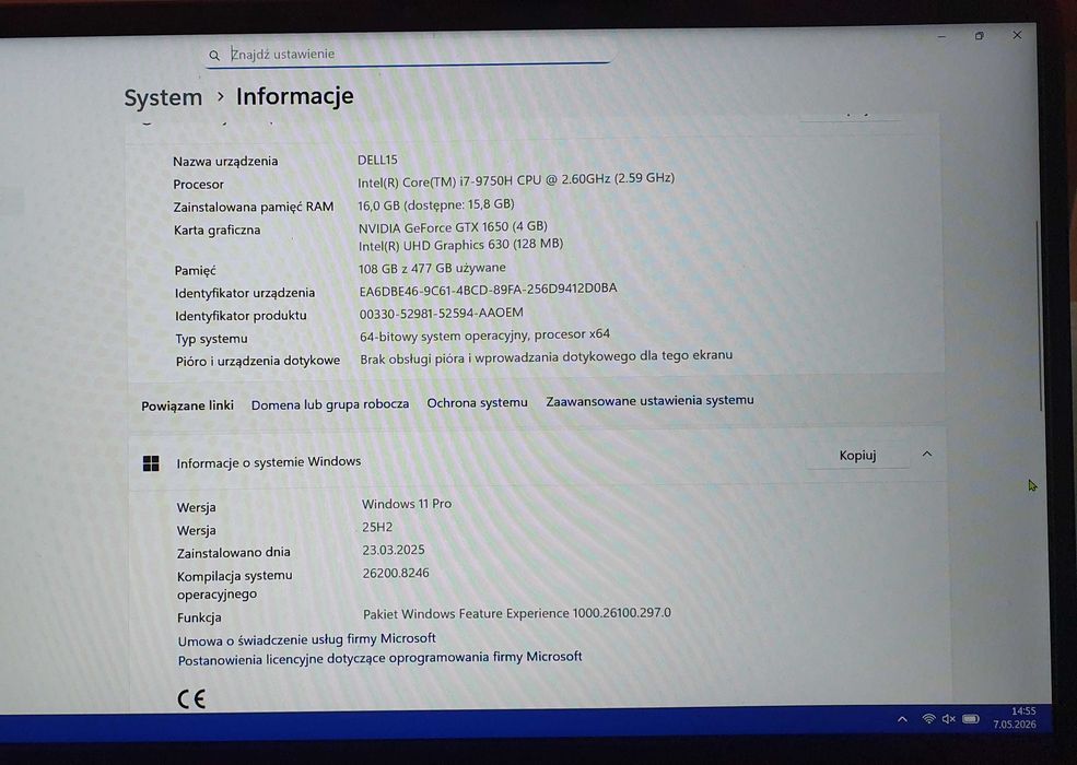 Dell Vostro 15 7590  I7-9750H/16GB/NV GF GTX 1650