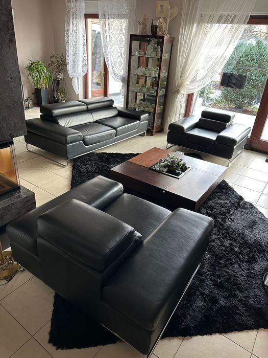KLER wypoczynek | sofa skórzana + 2 fotele, czarne, stan bardzo dobry