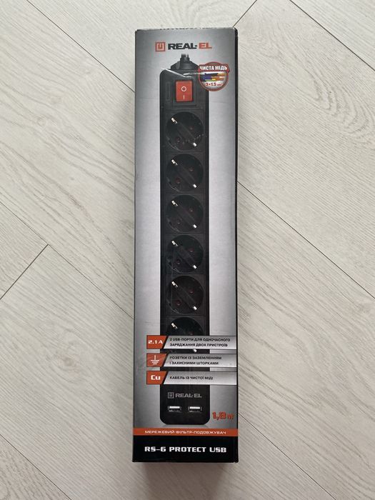 Мережевий фільтр REAL-EL, 6 розеток + 2 USB, з вимикачем