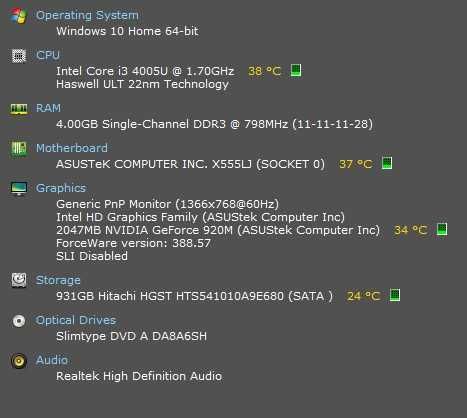 Laptop ASUS R556L i3 4005U,4GB RAM, NVIDIA GeForce 920M dysk 931GB