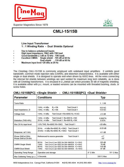 Сигнальні трансформатори 1 : 1 CineMag CMLI-15/15B  Jensen JT-11P-1
