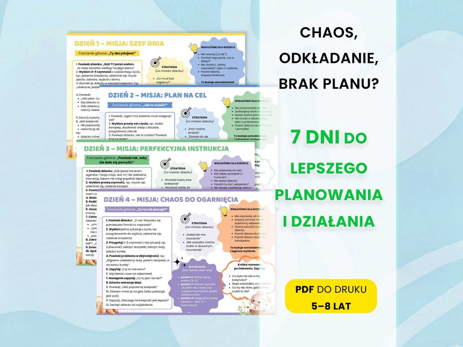 Karty pracy planowanie i Planowanie i Organizacja dla Dzieci 5–8 | PDF do druku | 7 dni nauki myślenia i samodzielności | Rozwój dziecka