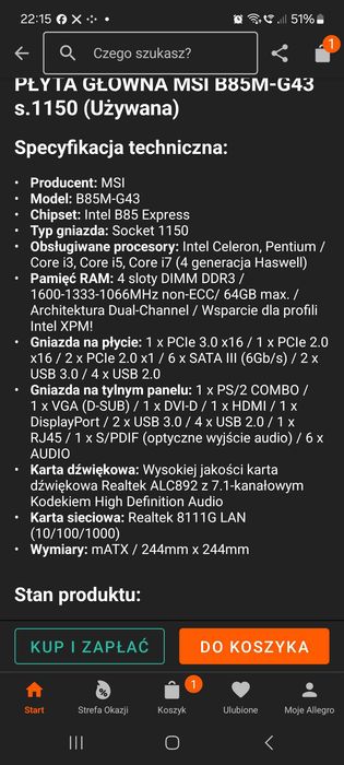 Płyta + 16GB Ram + Procesor: B85M-G43 + i5 4460 + 16gb RAM HyperX