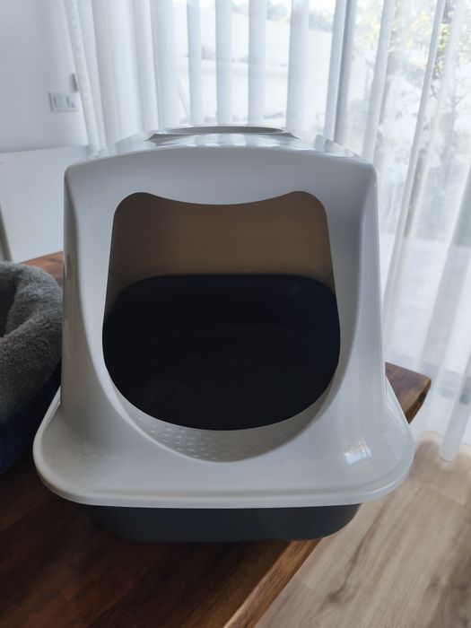 Cama e caixa de areia para gatos