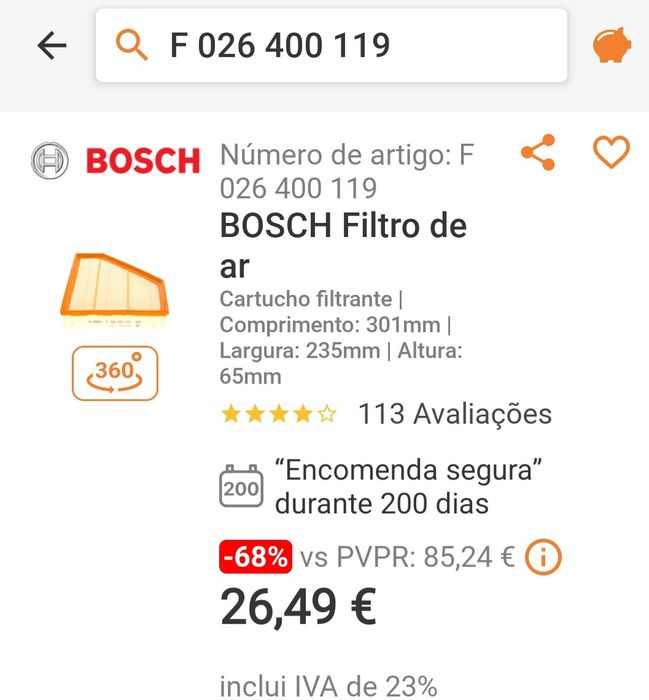 Filtro de ar Bosch S0119 para BMW ou Alpina