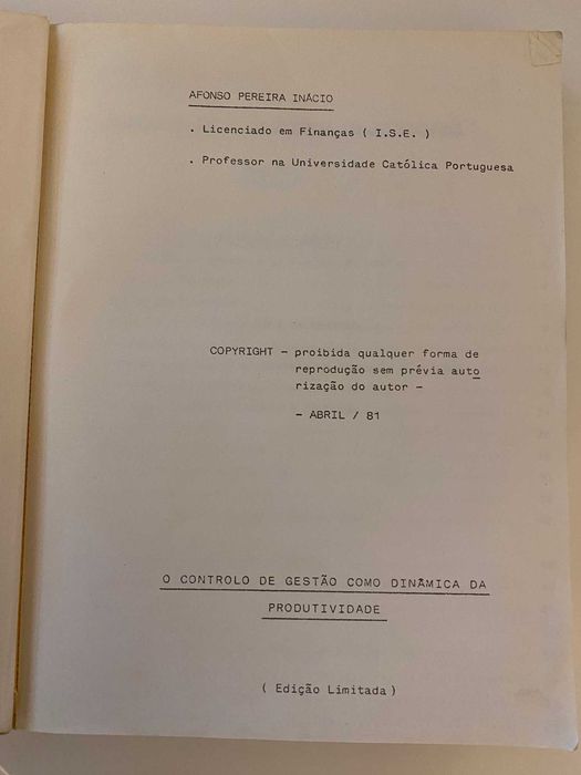 O Controlo de Gestão - Dinâmica da Produtividade Afonso Pereira Inácio