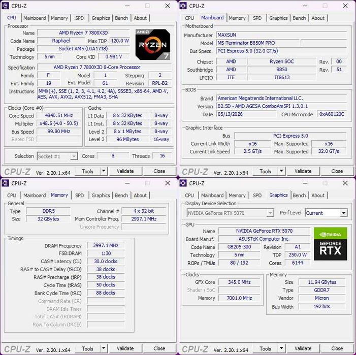 RYZEN 7800X3D / B850M / DDR5 32Gb / NVME 250Gb + 2Tb / RTX 5070
