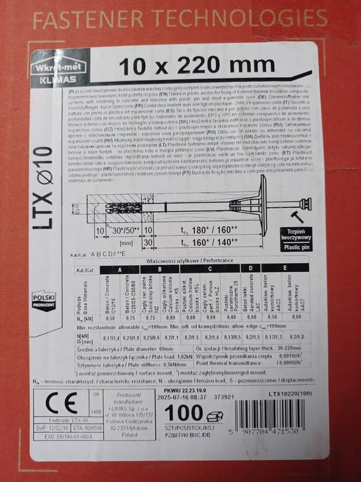 Kołki do styropianu Klimas 10x220 - 100 szt