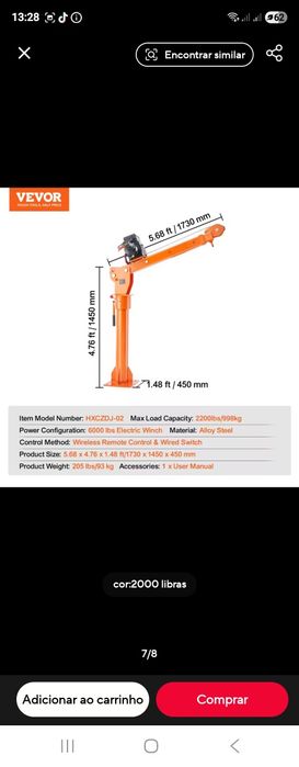 Grua de Elevação Multiusos c/ Guincho 6000 lbs e Comando – NOVA