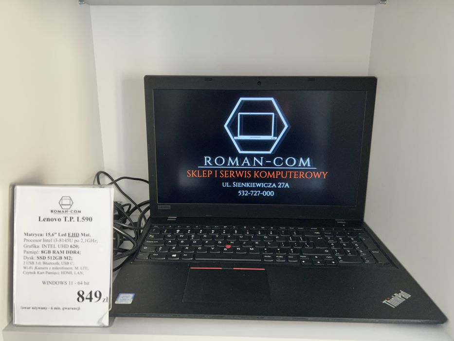 Laptop Poleasingowy Lenovo L590: SSD 512GB/i3 8145-2,1GHz/DDR4 8GB/15"