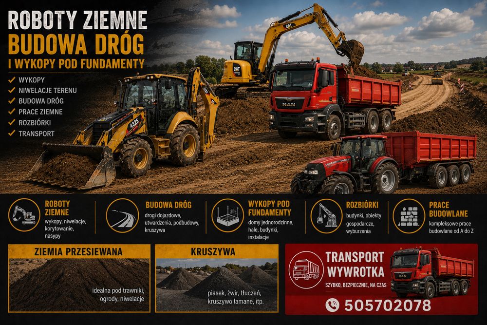 Usługi koparka, roboty ziemne, kruszywa, ziemia