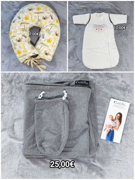 Roupas para bebê 0-4 m, almofada amamentação, sling e saco de dormir