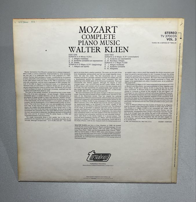 Вініл Моцарт 1964 UK Stereo Walter Klien - з власноі колекціі, класика