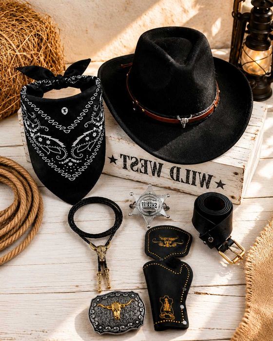 Okazja! Nowy Strój kowboja zestaw szeryfa kapelusz bandana western dziki zachód Kostium Kowboja 7w1