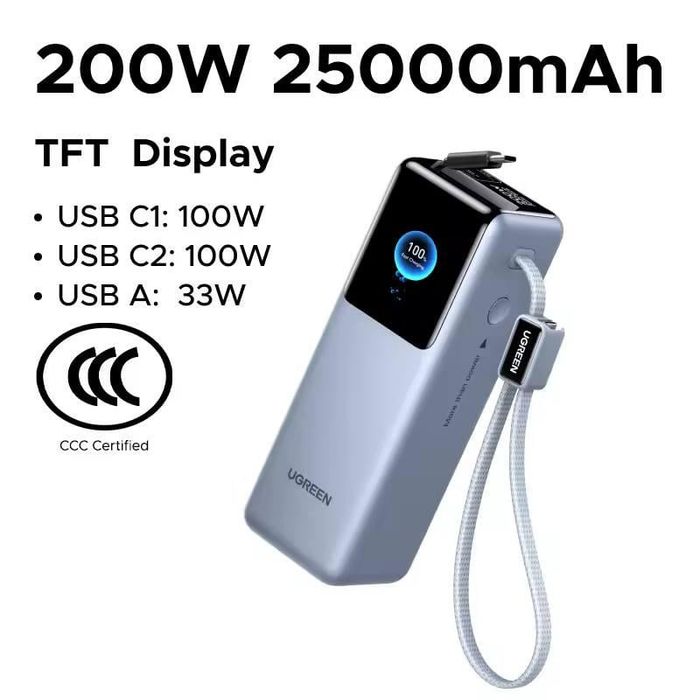 Павербанк UGREEN PB728 25000mAh 200W із вбудованими USB-C кабелями