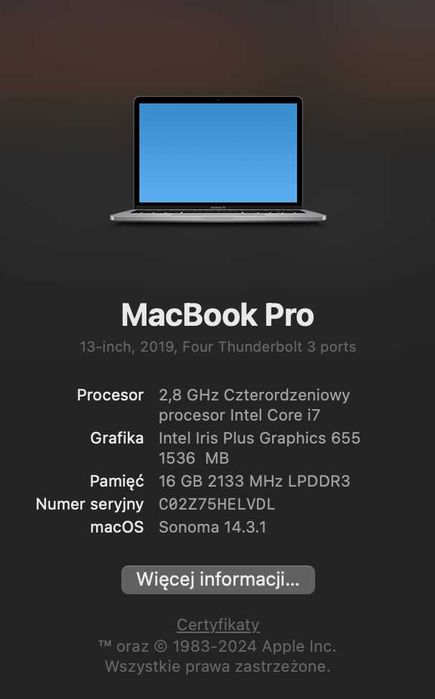 Macbook Pro Model A1989 z 2019 roku Touchbar I7 16GB