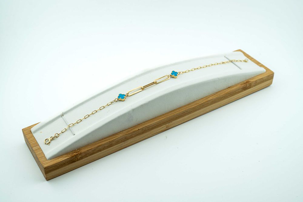 Piękna bransoletka spinacz paper clip niebieskie koniczynki złoto 585