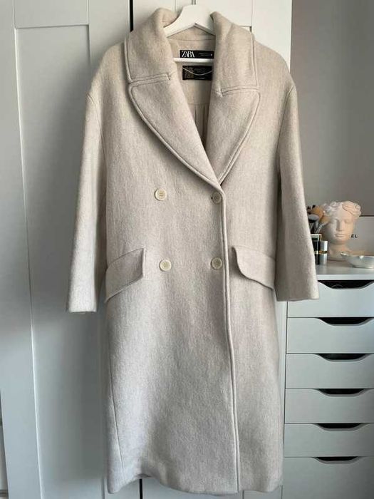 Płaszcz Zara wełna Manteco wełniany oversize beżowy rozms XS-S