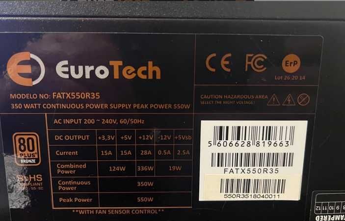Fonte de Alimentação EuroTech 350W (550W Pico) - 80+ Bronze