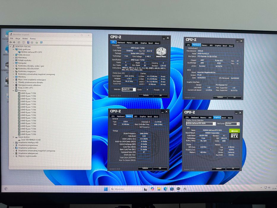 Komputer RYZEN 7-5700 / 32GB RAM / 512 GB M2 / RTX 3070 8GB/ WINDOWS 11