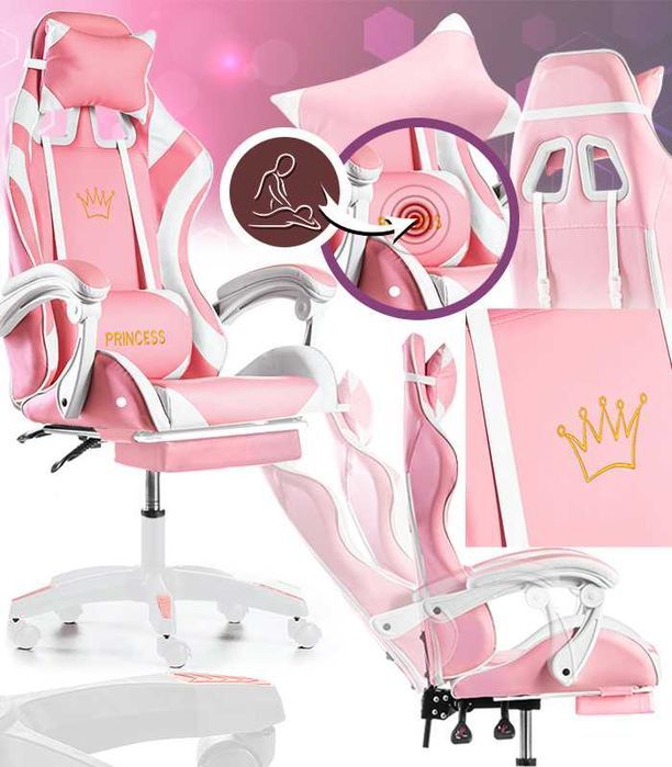 Fotel gamingowy z masażem różowy z podnóżkiem