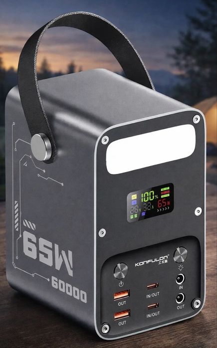 Мощный PowerBank 60000 mAh 65W PD для ноутбуков с DC выходом и фонарём