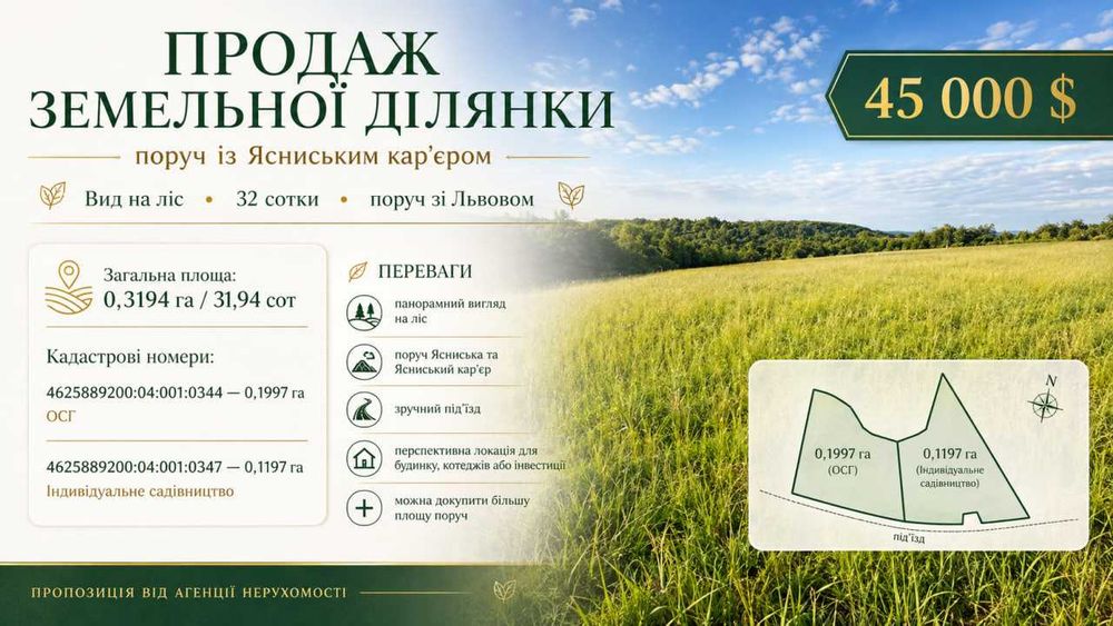 Продаж ділянки 32 сот краєвид на ліс і пагорби біля Львова, с.Буда