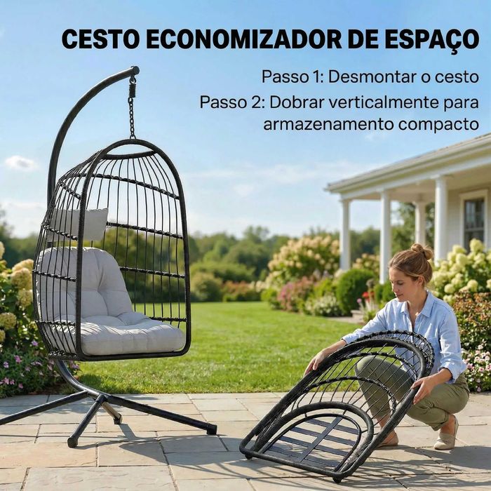 Cadeira jardim Suspensa com Suporte Cesto Dobrável Almofada Grossa e Altura Ajustável