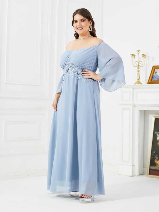 Елегантна вечірня шифонова сукня великого розміру (plus size) для подружки нареченої у ніжних сіро-блакитних тонах 50-52 розмір