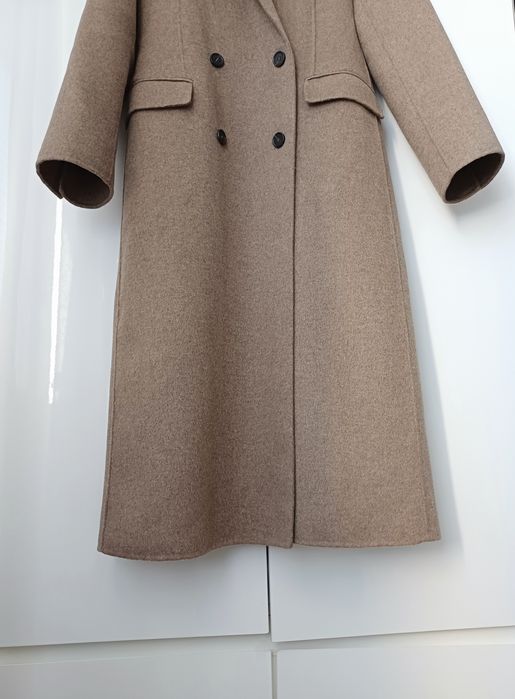 Massimo Dutti wełniany płaszcz przejściowy wiosenny beżowy długi midi