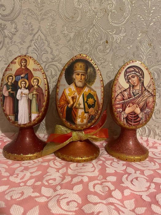 Яйца пасхальные  деревянные с иконами, ангелочками, птичками