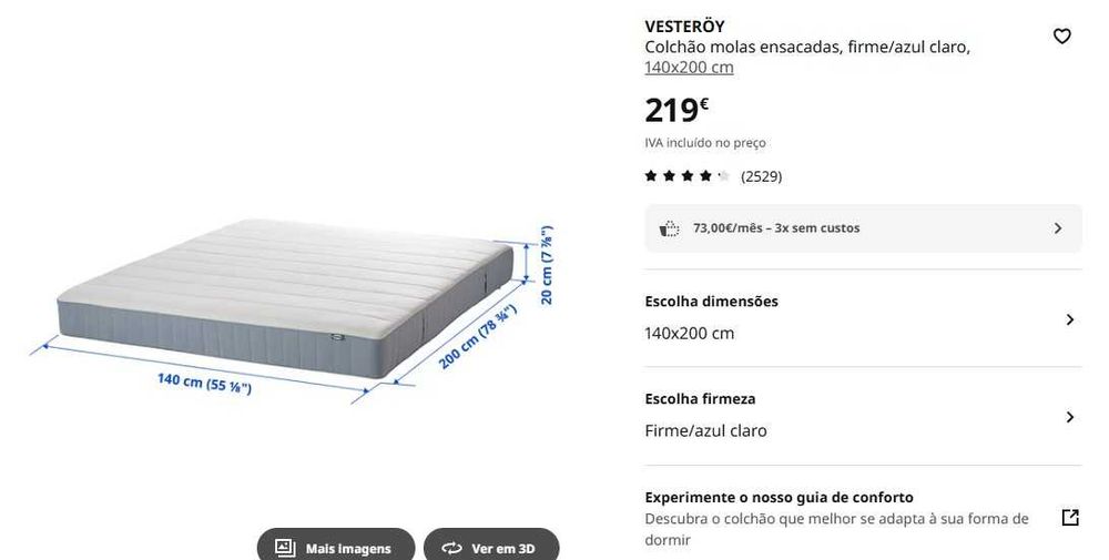 Colchão 140x200x20cm – Bom estado VESTEROY IKEA