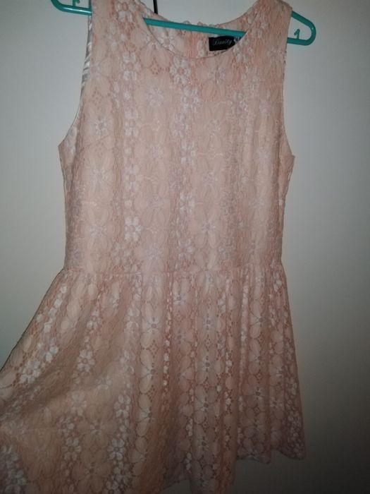 Sukienka L 12 40 biało kremowo różowa pudrowy koronka komunia ślub