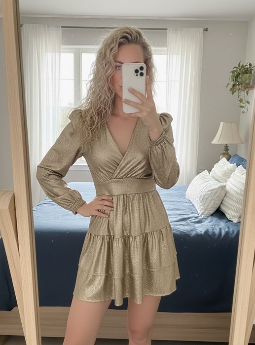 Złota efektowna sukienka falbanki xs