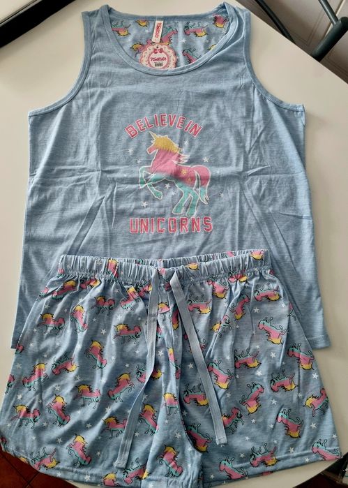 Pijama de verão, azul com unicórnios, 100% algodão. L