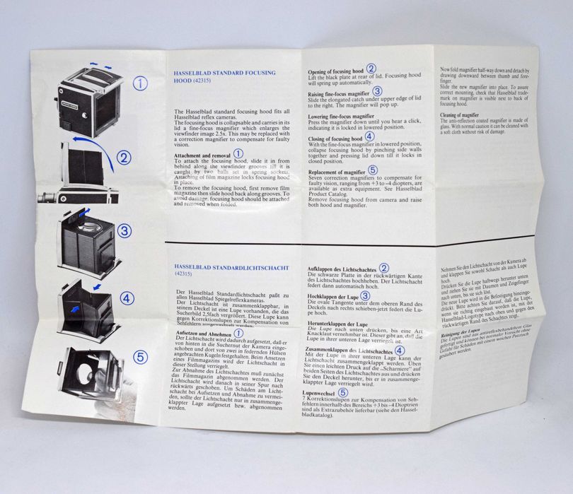 Folheto de instruções do Hasselblad Standard Focusing Hood 42315 Visor
