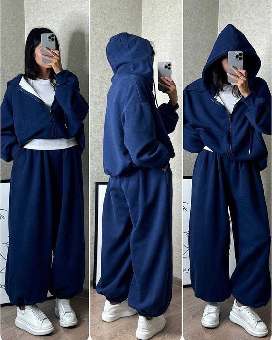 Жіночий зимовий оверсайз костюм НА ФЛІСІ кофта худі і штани джогери