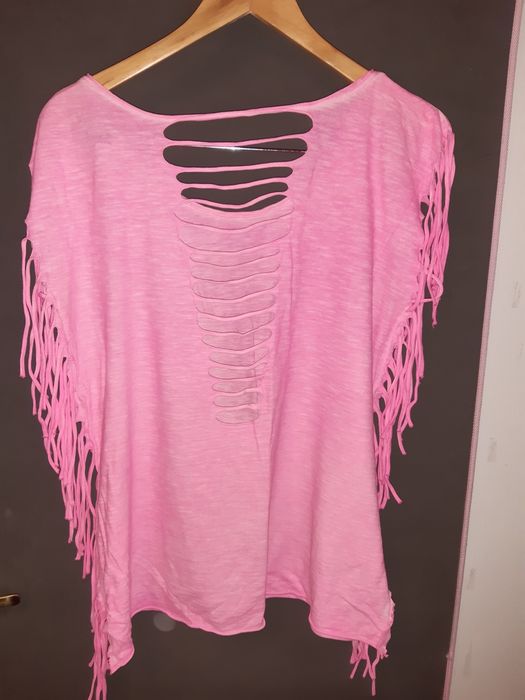 Różowy T-shirt / bluzka z frędzlami, rozm. L/XL