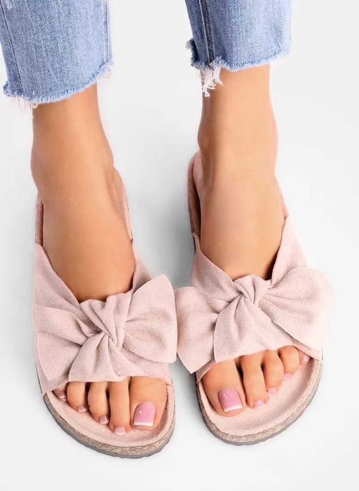 Шлепки на пробковой подошве с бантом,  пудра, 37-37.5