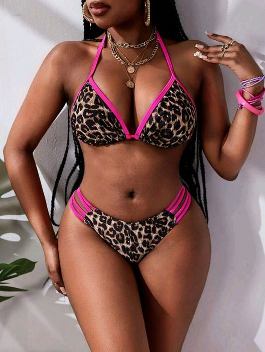 Bikini strój kąpielowy panterka neon róż paski