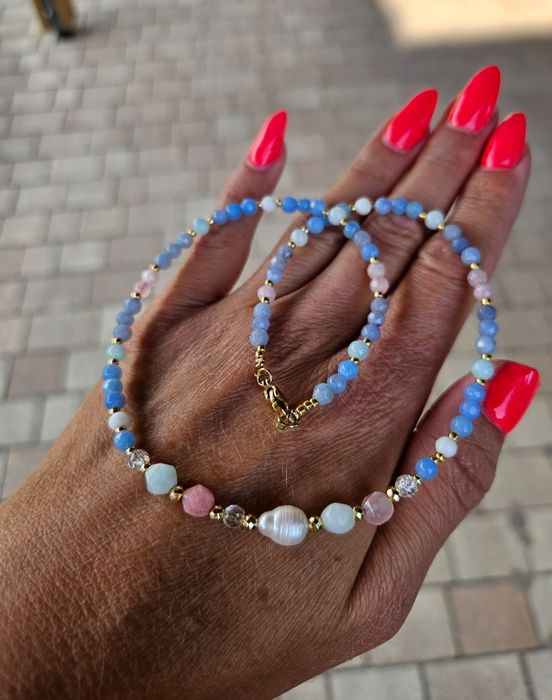 Naszyjnik Choker Kamienie Naturalne Larimar Agat Perła Jadeit Hematyt