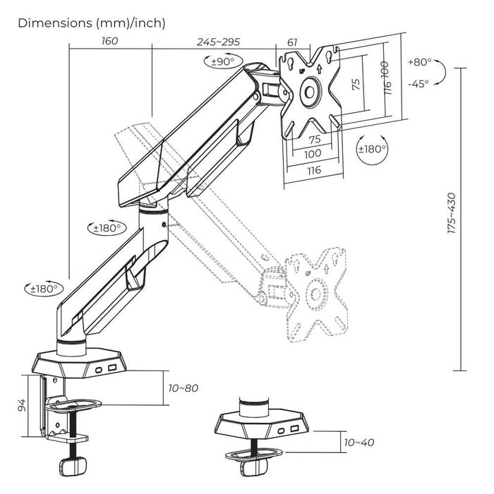 Настільне кріплення для монітора 17"-40" ITech MBRG-02 з регулюванням вверх вниз вліво вправо регулюванням кута нахилу Кронштейн для монітора на стіл